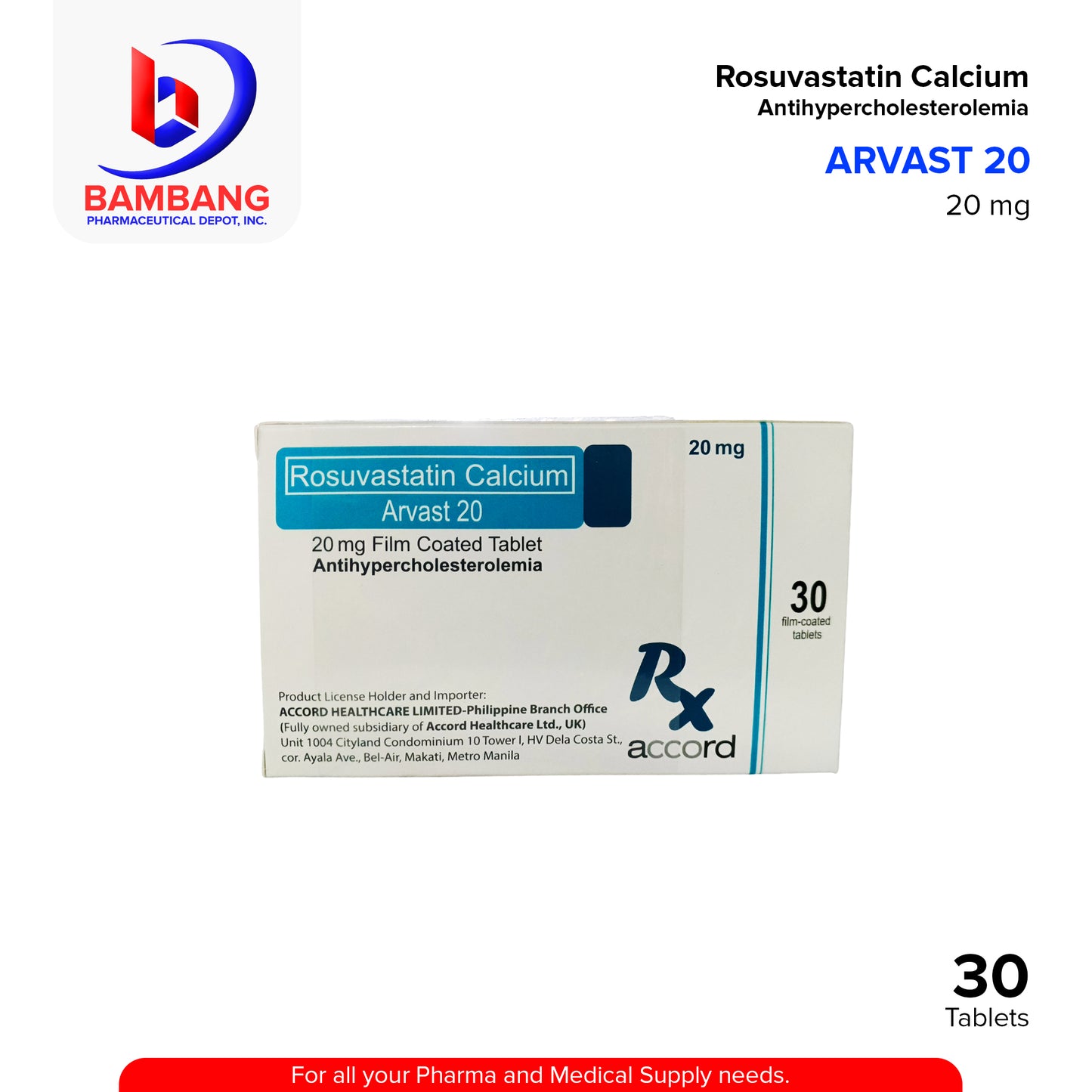 ARVAST 20 Rosuvastatin Calcium Antihypercholesterolemia 20mg 30's