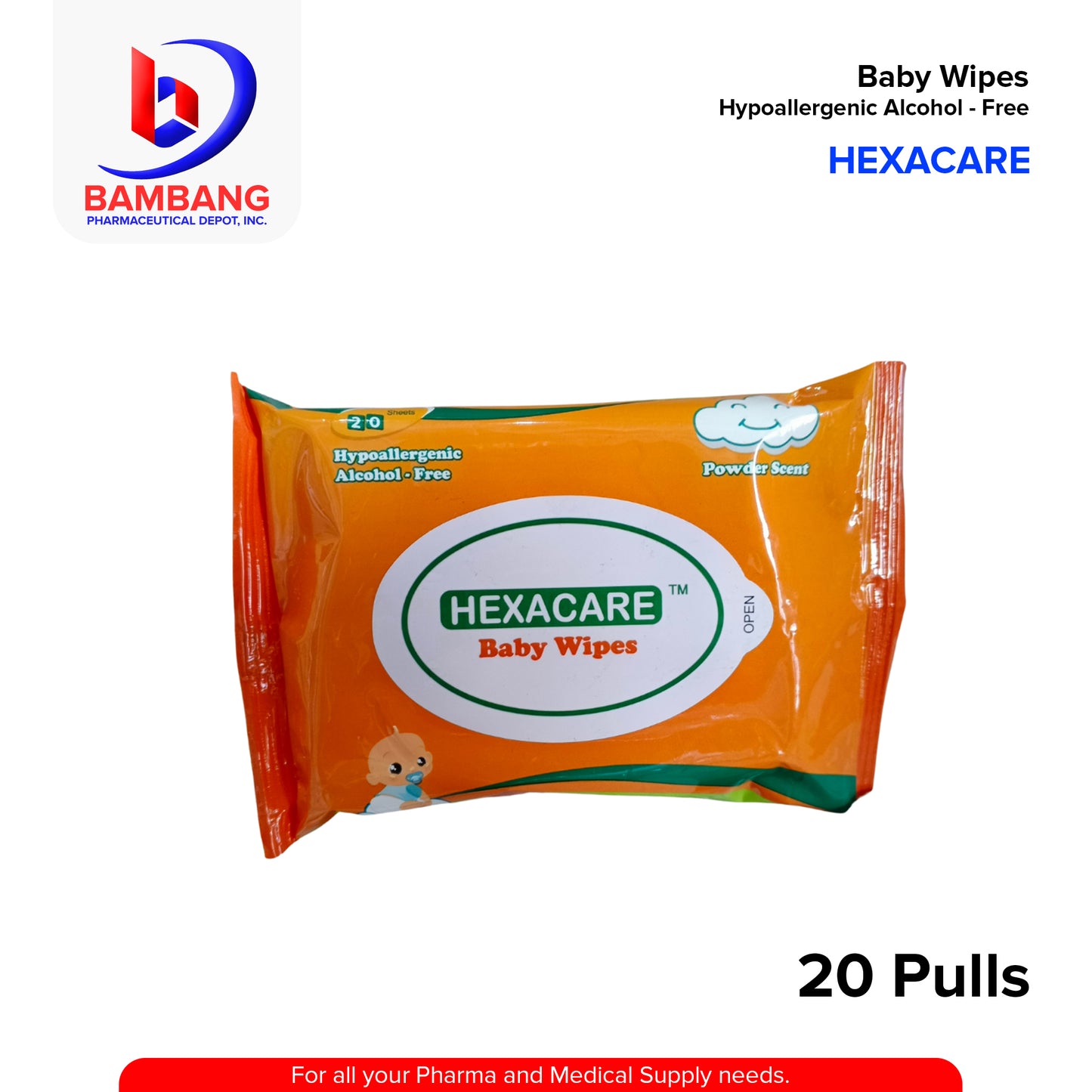 HEXACARE Baby Wipes Straight Shop 13cm x 16cm Sheets 20's