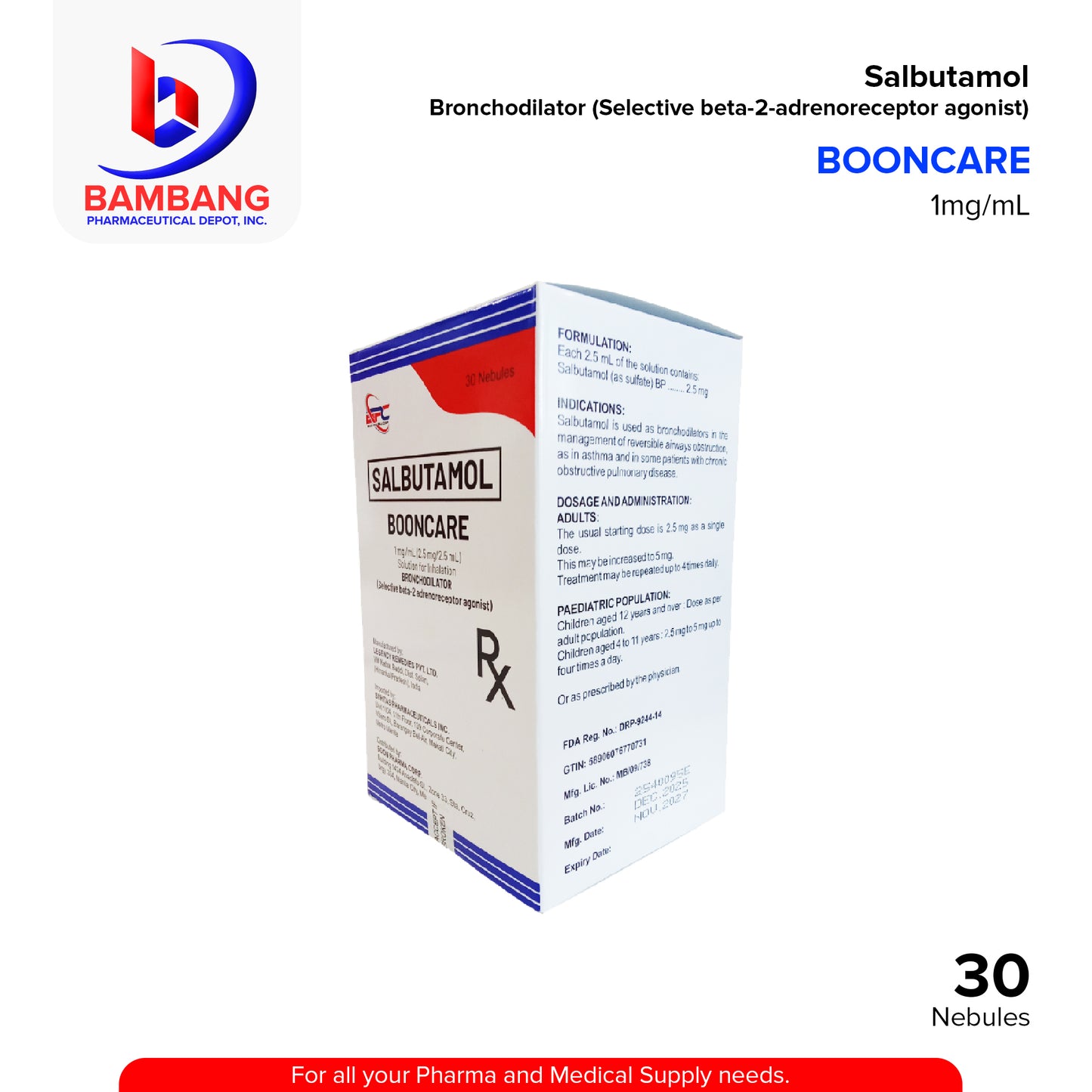 BOONCARE Salbutamol Bronchodilator 1mg/mL 30's