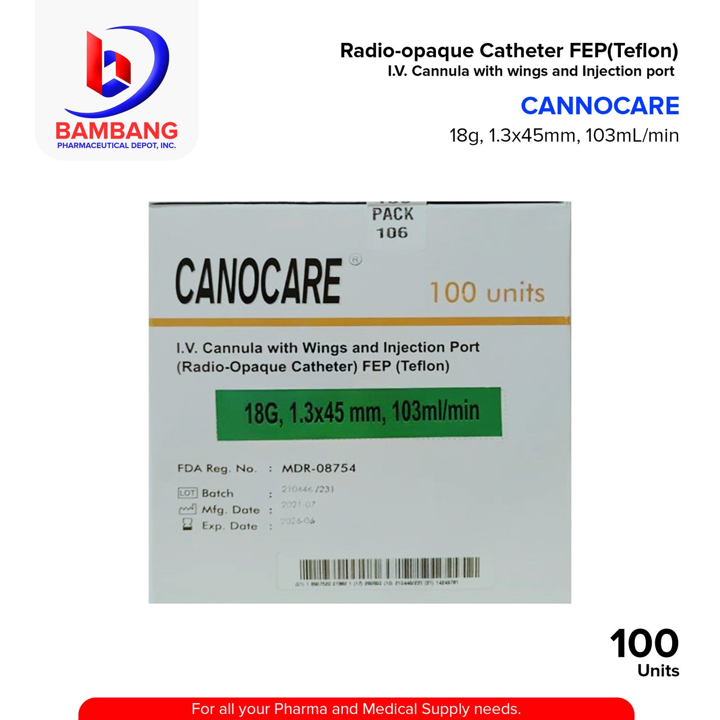 CANOCARE IV Cannula with Wings and Injection Port Radio Opaque Catheter 1.3x45mm Flowrate 90ml/min 18G 100's