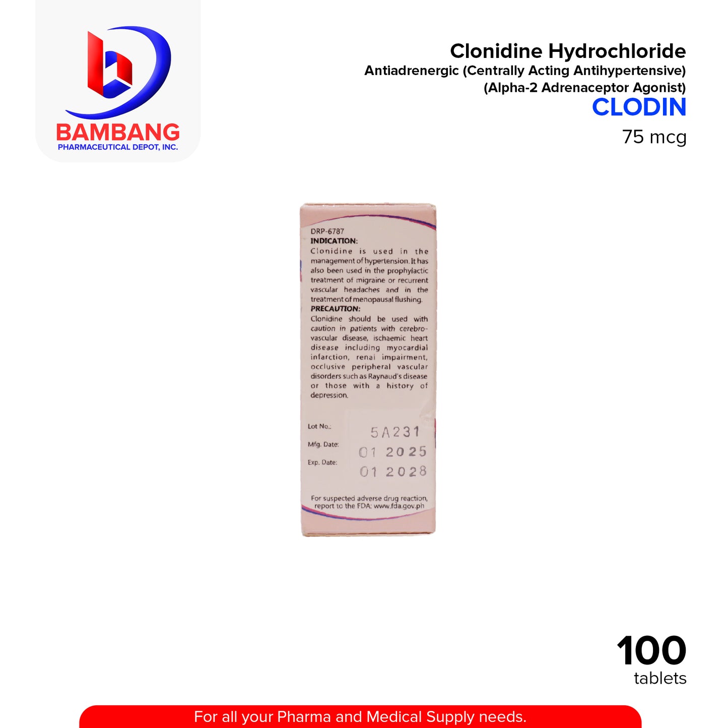 CLODIN Clonidine Hydrochloride Antihypertensive 150mcg Tablet 100's