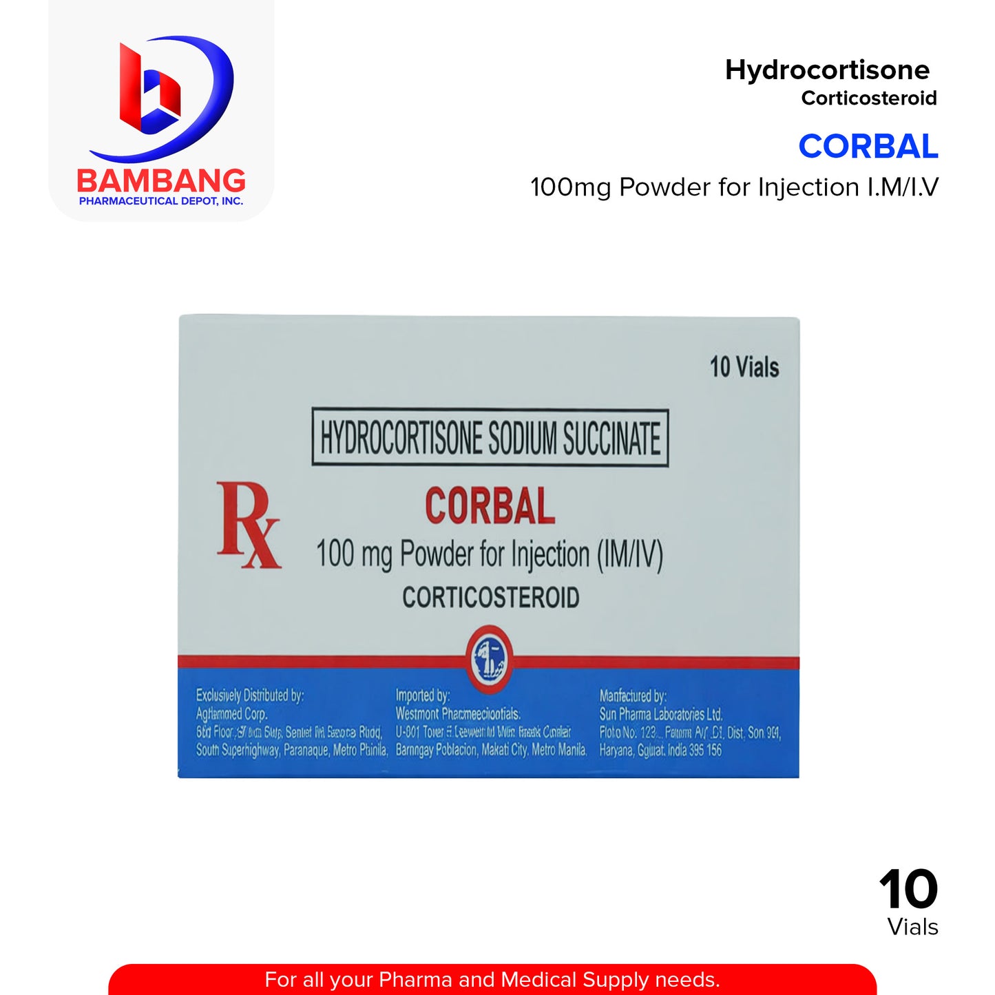 CORBAL Hydrocortisone 100mg Powder for Injection I.M/I.V Vial 10's