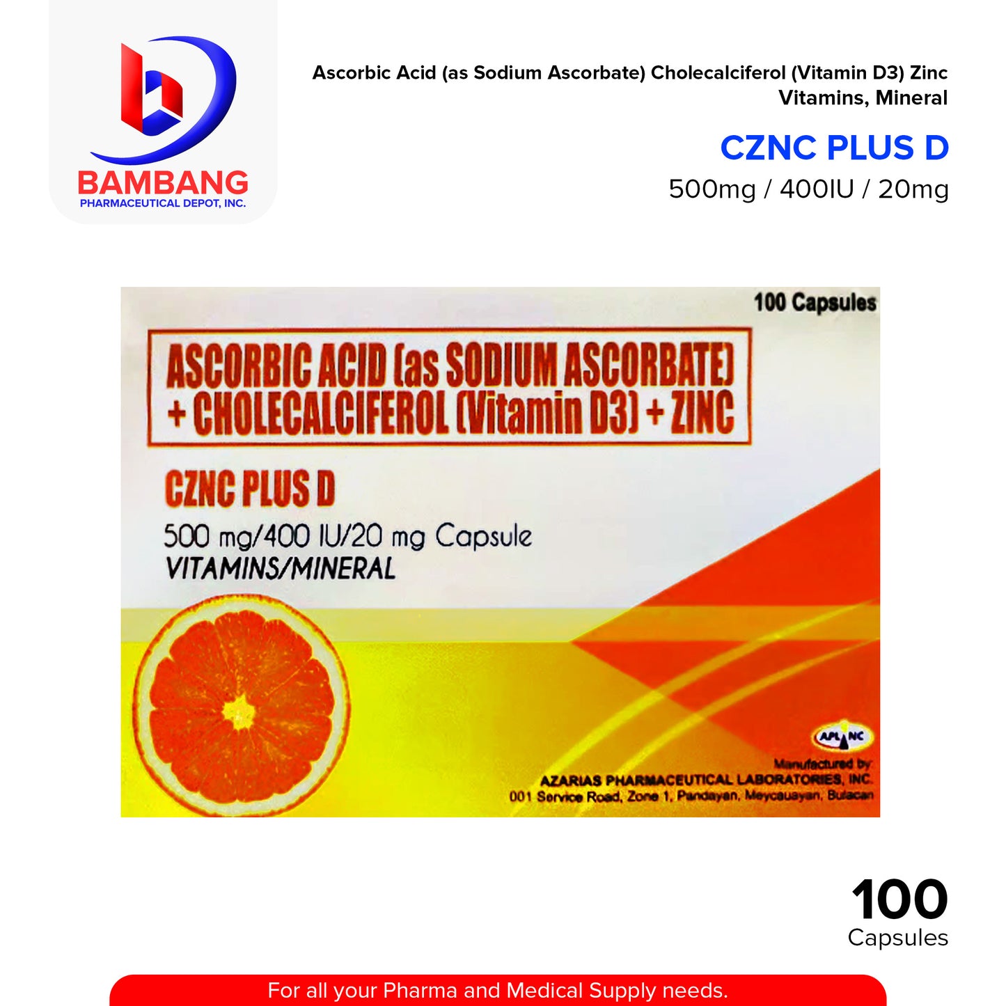 CZNC PLUS D Ascorbic Acid (as Sodium Ascorbate) + Cholecalciferol (Vitamin D3) +Zinc 500mg/400IU/20mg Capsules 100's