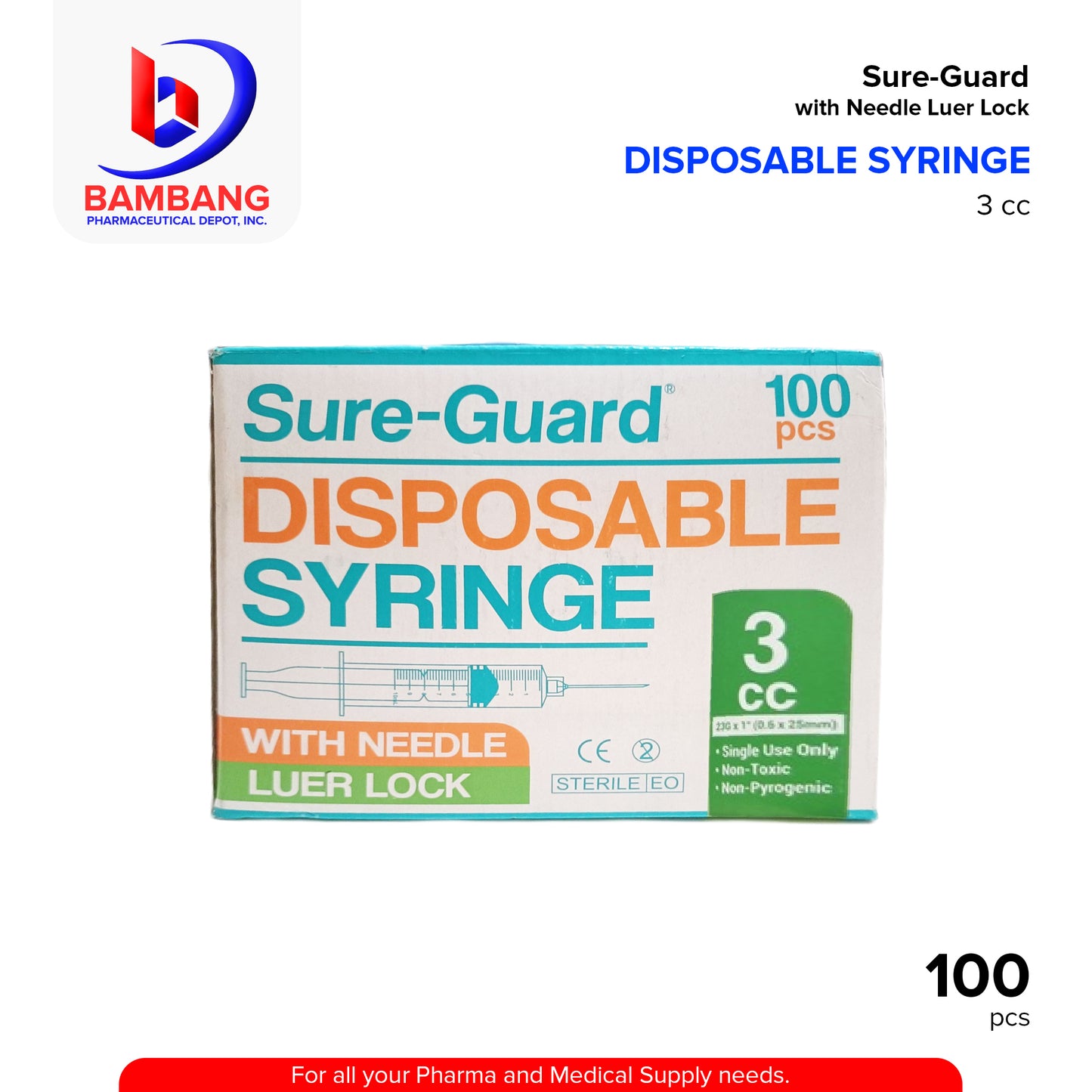 SURE GUARD Disposable Syringe 23g x 1 (0.6 x 25mm) 3CC 100's