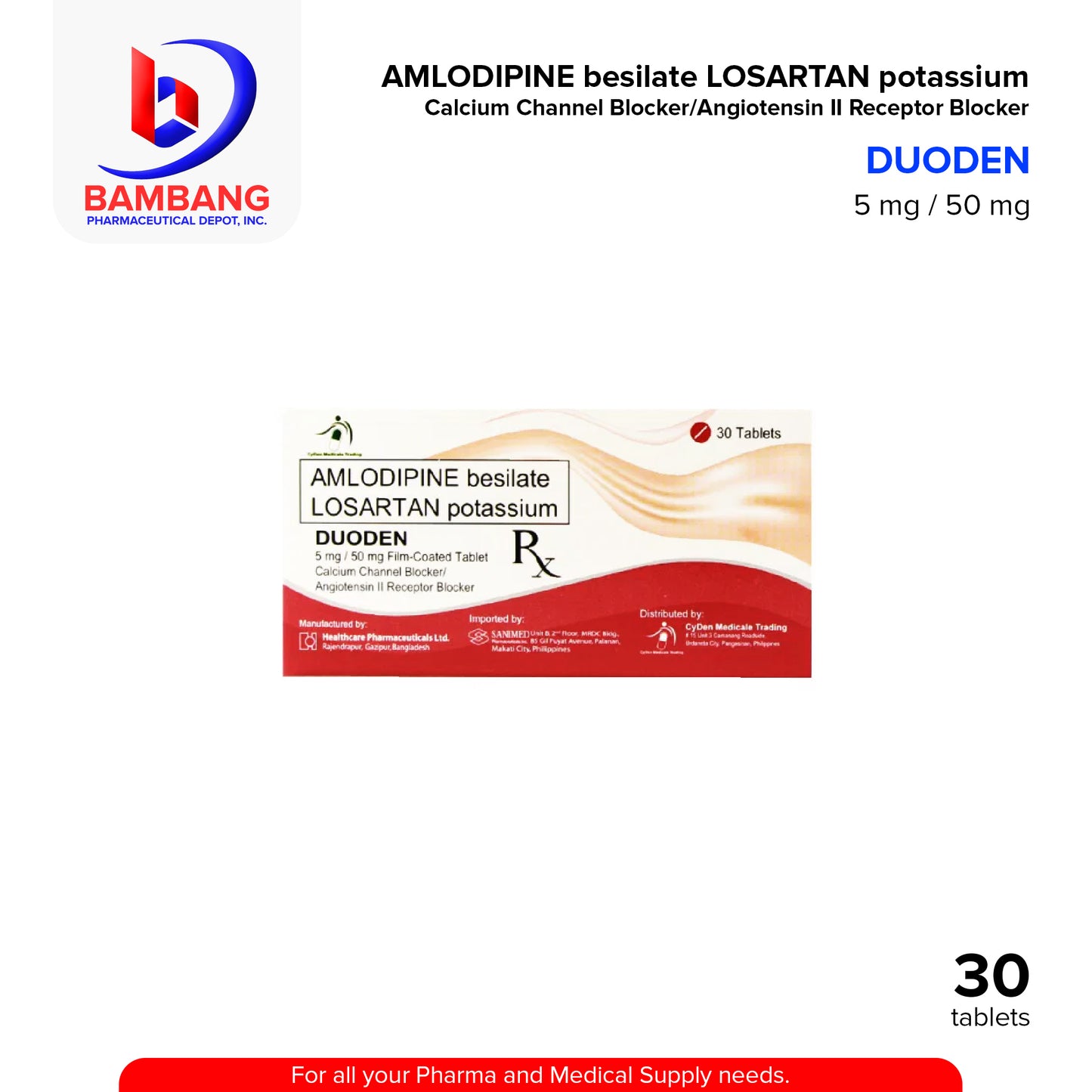 Amlodipine Besilate + Losartan Potassium (Duoden) 5mg/50mg Film Coated Tablet 30's