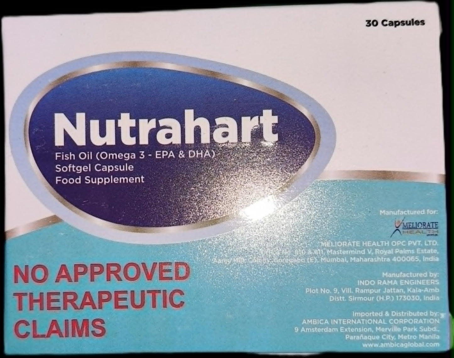 NUTRAHART Fish Oil Omega 3 - EPA & DHA Food Supplement Softgel Capsule 30's