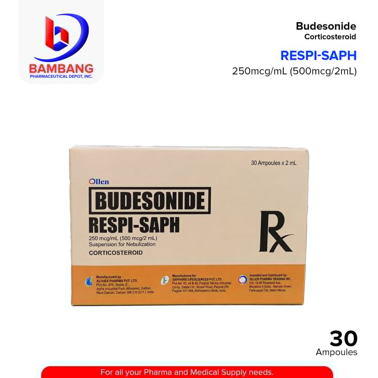 RESPI-SAPH Budesonide 250mcg/ml (500mcg/2ml) SUS CORTICOSTEROID 30x2ml AMP