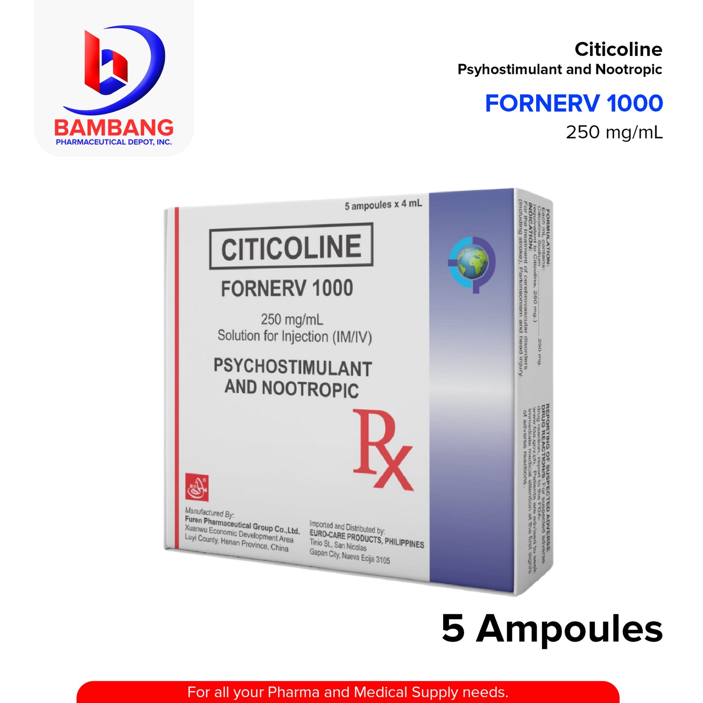 FORNERV 1000 Citicoline 250mg/ml Solution For Injection (IM/IV) 4ml Ampoules 5's