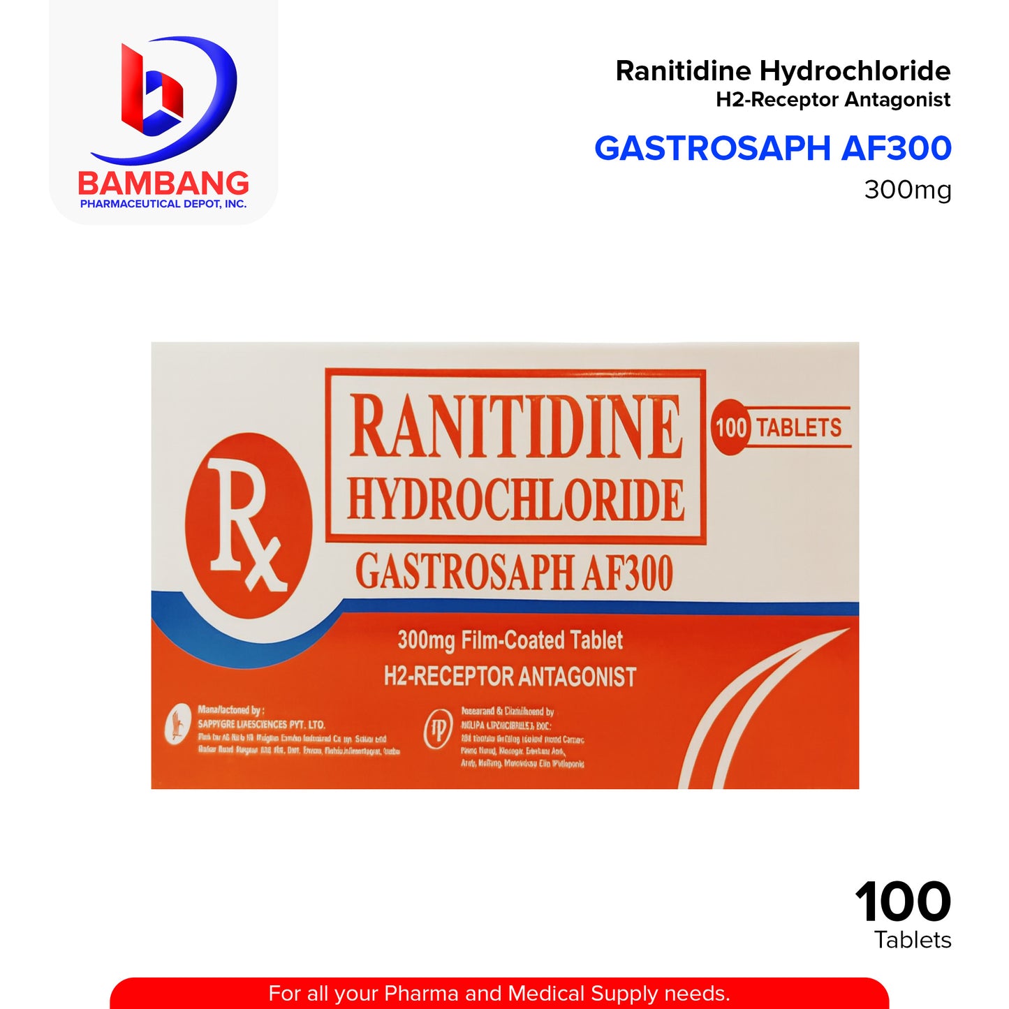 GASTROSAPH Ranitidine Hydrochloride 300mg Film Coated Tablet 100's