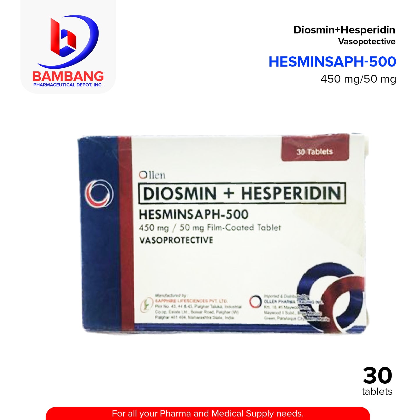 HESMINSAPH Diosmin + Hesperidin 450mg/50mg Film Coated Tablets 30's