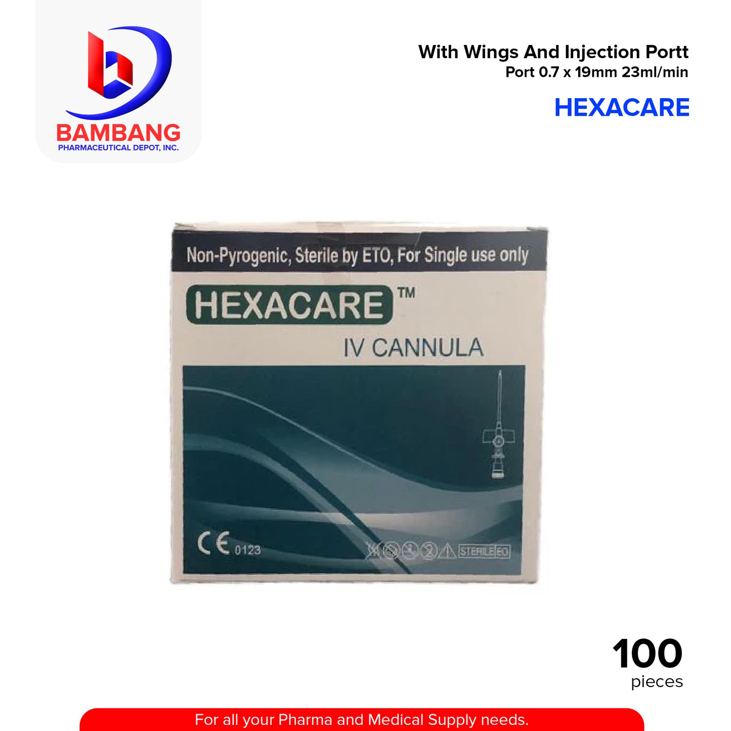 HEXACARE IV Cannula With Wings And Injection Port 1.3 x 45mm 95ml/min 18g 100's