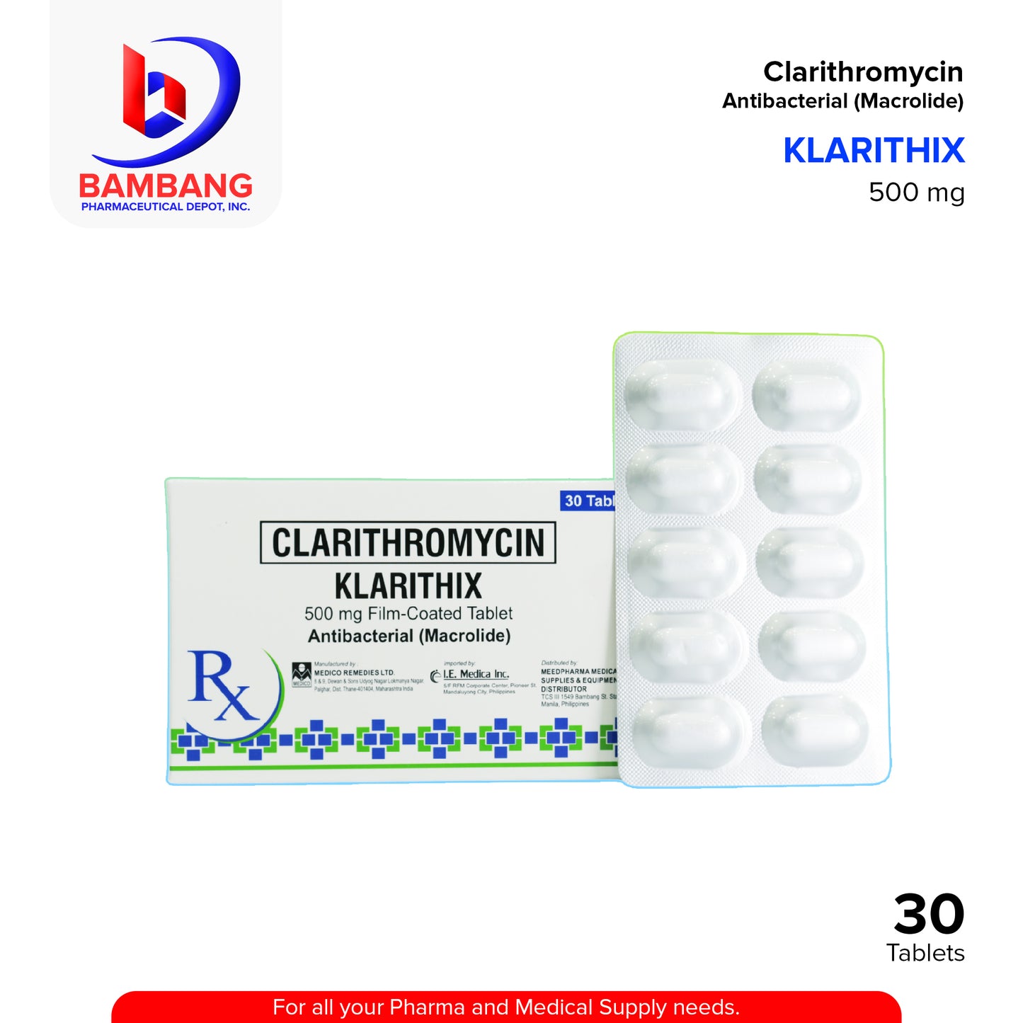 KLARITHIX Clarithromycin 500mg Film Coated Tablet 30's