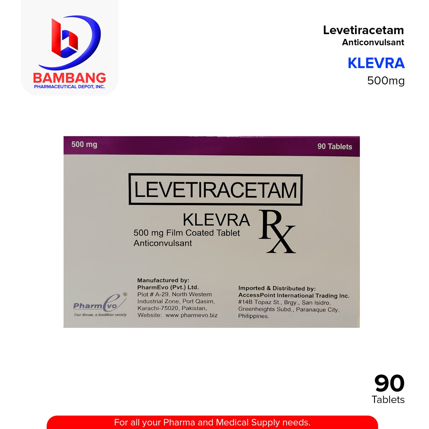 KLEVRA Levetiracetam 500mg Film Coated Anticonvulsant Tablates 90's