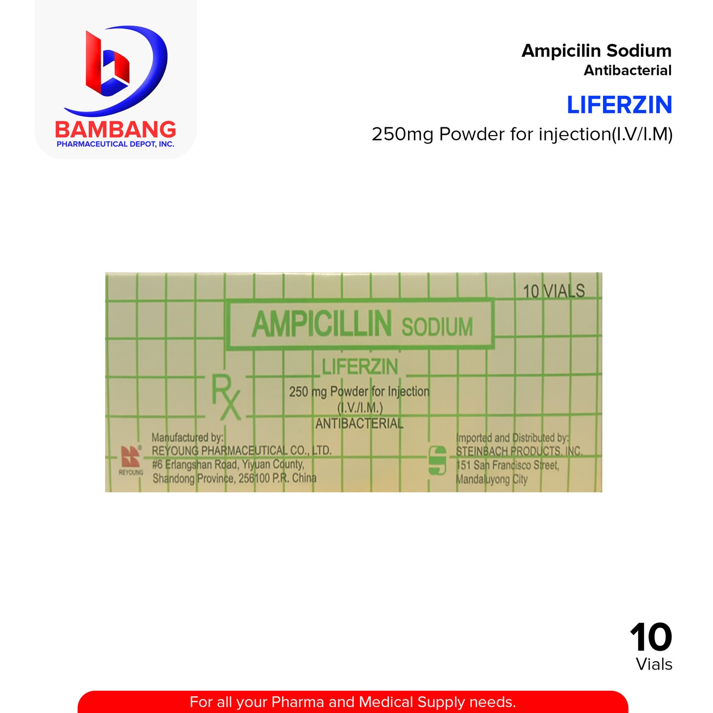 LIFERZIN Ampicillin Sodium Anti Bacterial 250mg Powder for Injection I.V/I.M Vials 10's