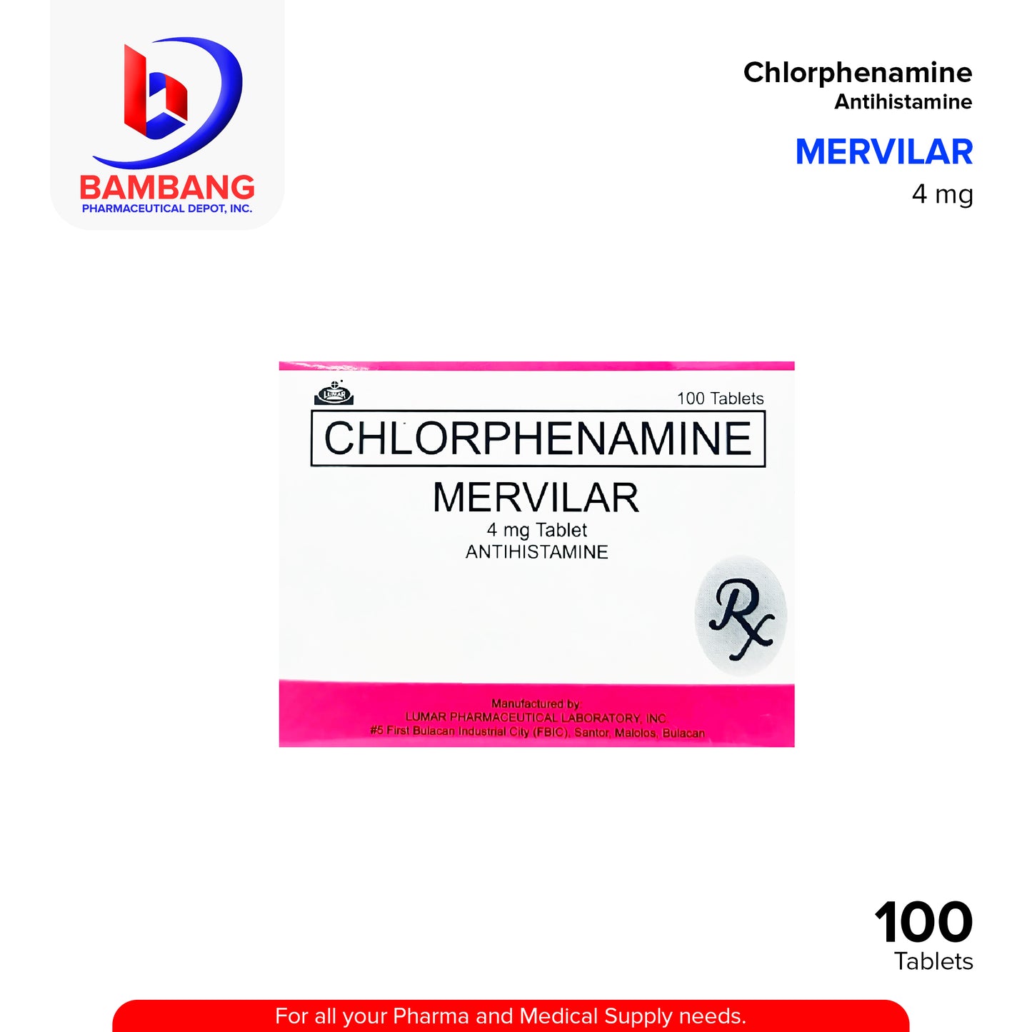 MERVILAR Chlorphenamine 4mg Tablet 100's
