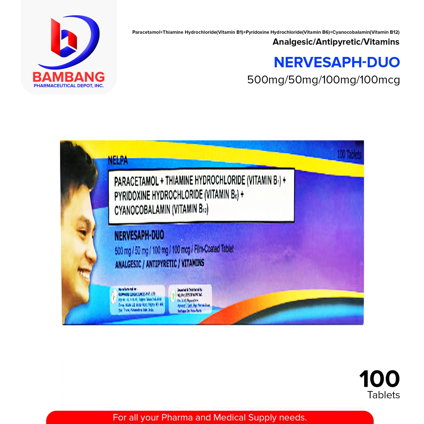 NERVESAPH DUO Vitamin B1 + B6 + B12 500mg/ 100mg/ 100mcg Film Coated Tablets 100's