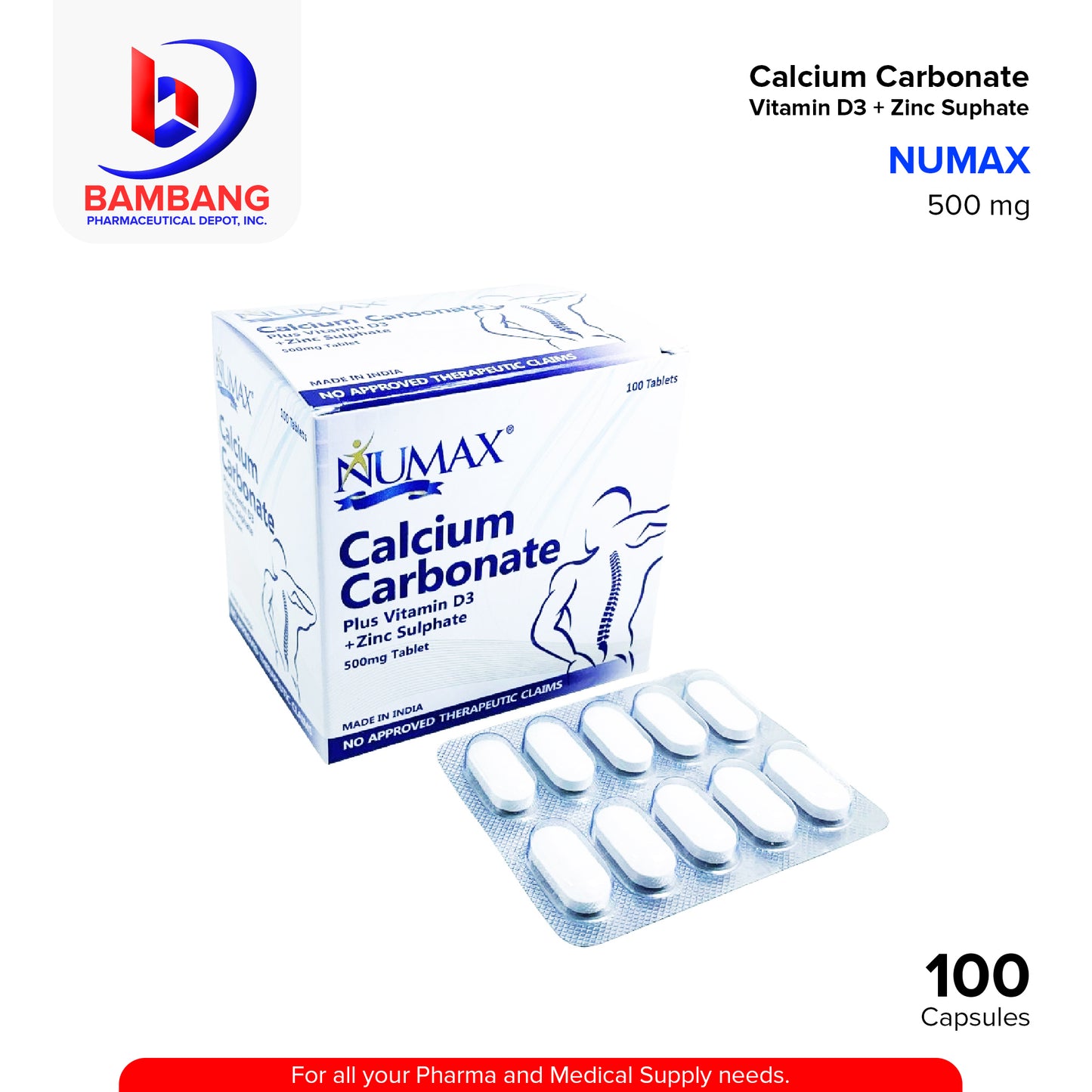 NUMAX Calcium Carbonate Plus Vitamin D3 +Zinc Sulphate 500mg Tablet 100's