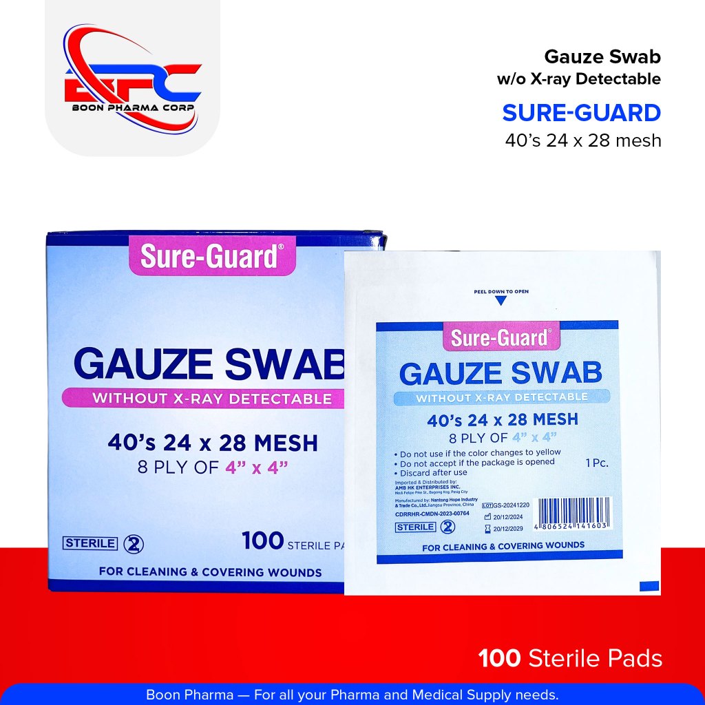 SURE-GUARD Gauze Swab without X-ray Detectable 100 Sterile Pads 40'S 24 X 28 MESH 8 PLY | 4" X 4"