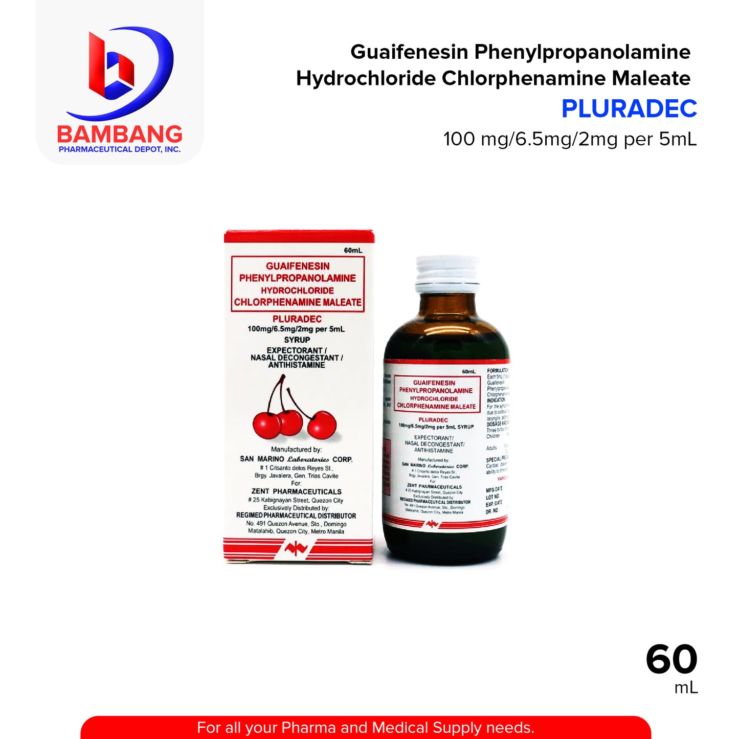 Guaifenesin Phenylpropanolamine Hydrochloride Chlorphenamine Maleate 100mg/6.5mg/2mg Per 5ml Syrup 60ml