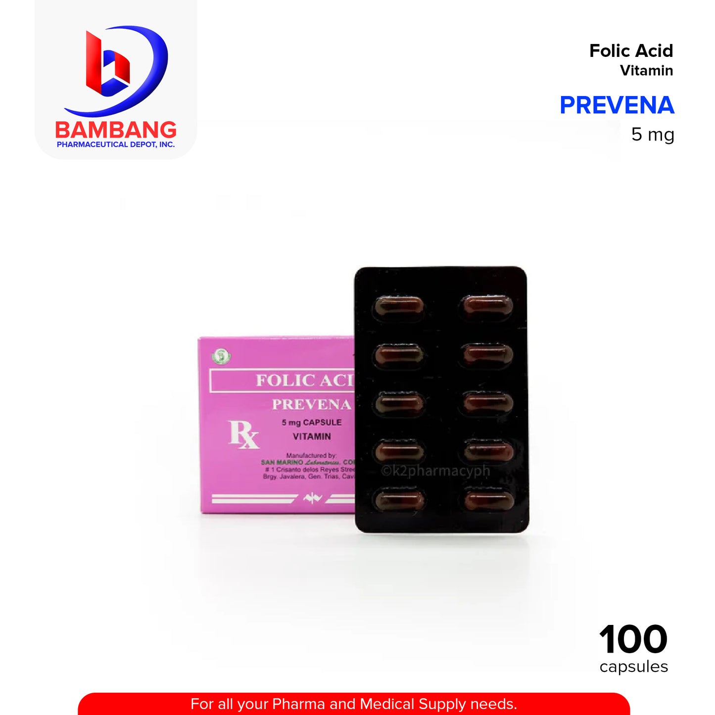 PREVENA Folic Acid Vitamin 5mg Capsule 100's