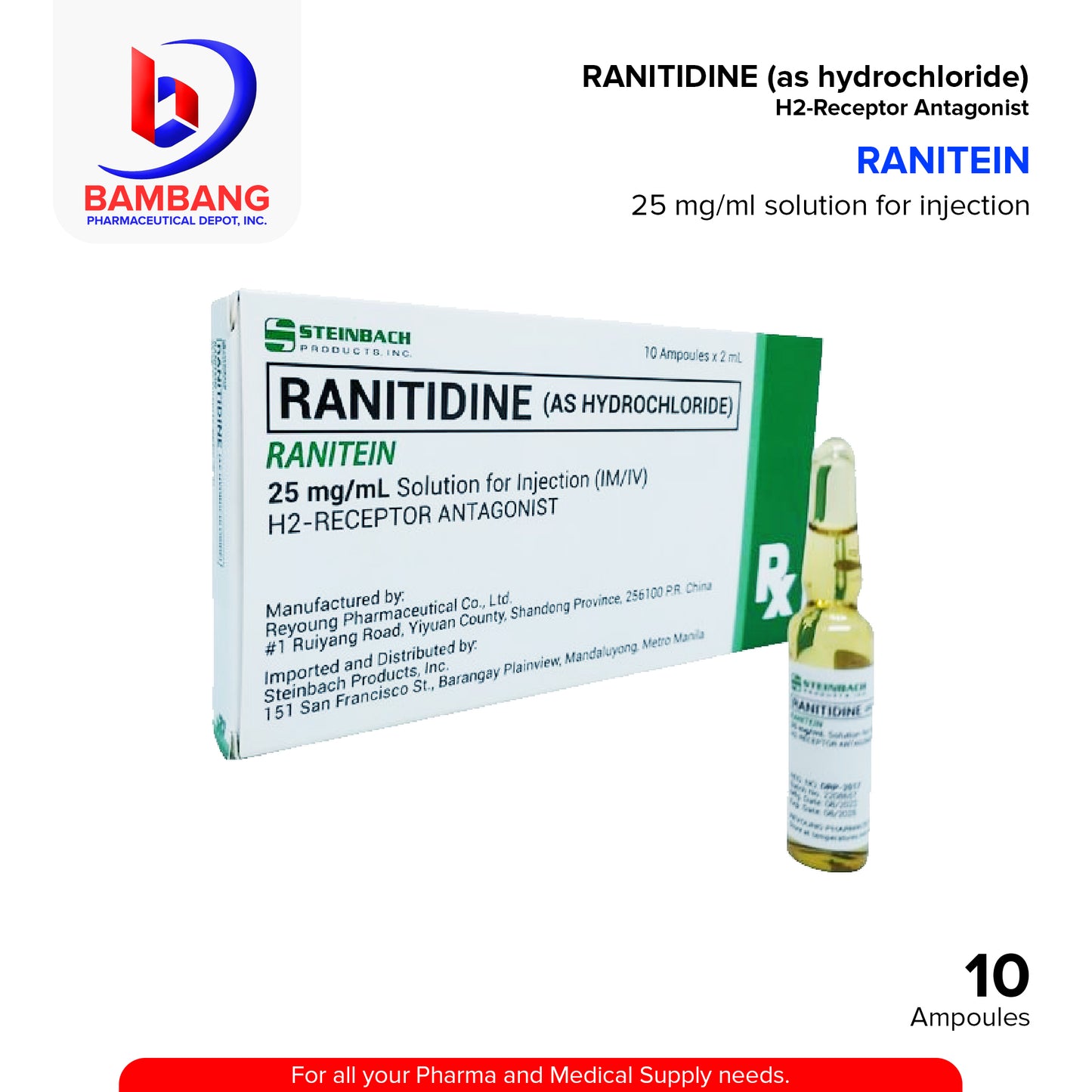 Ranitidine as Hydrochloride (Ranitein) 25mg/ml Solution for Injection I.M/I.V 2ml x Ampoules 10's