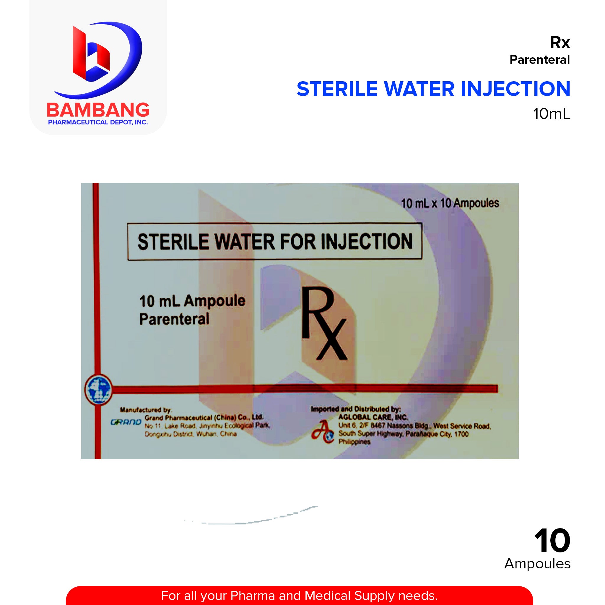GRAND PHARMA Sterile Water for Injection 10ml x Ampoule 10's Bambang Pharmaceutical Depot Inc. GRAND PHARMA Sterile Water for Injection 10ml x Ampoule 10's Bambang Pharmaceutical Depot Inc.