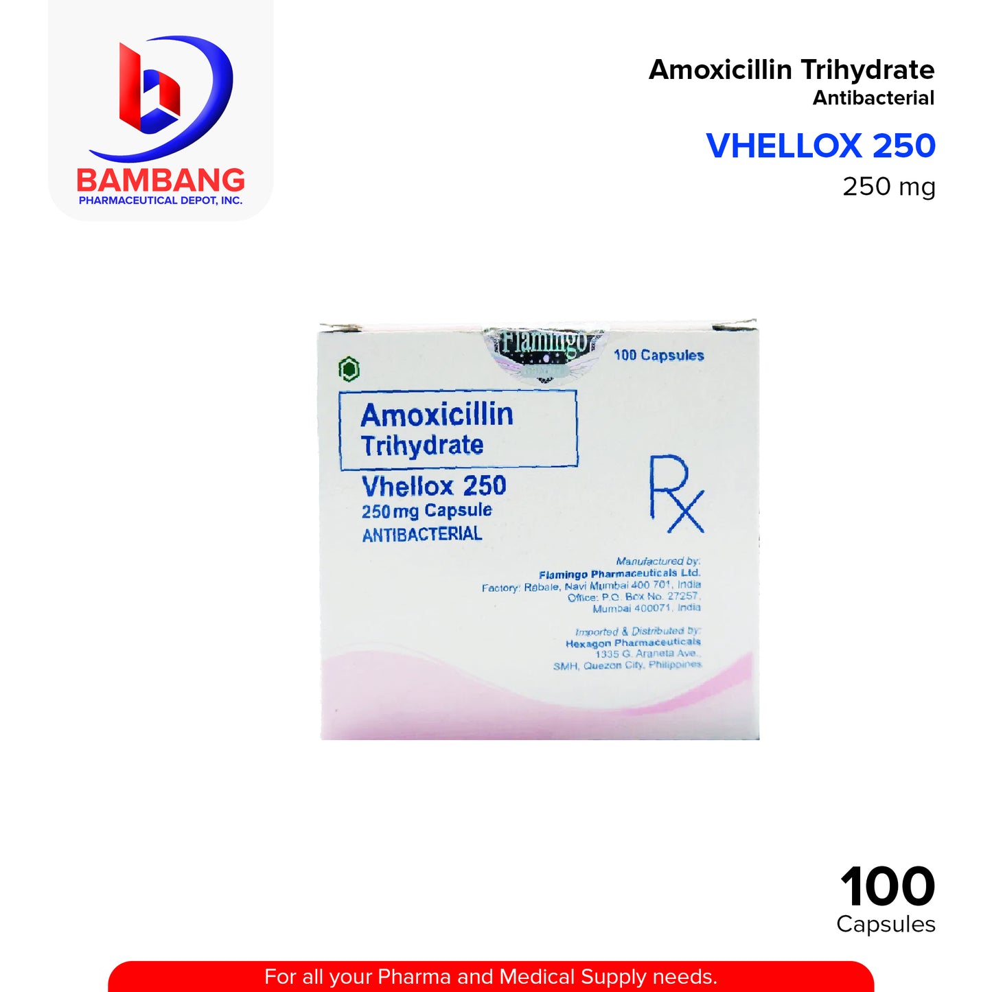 Amoxicillin Trihydrate (Vhellox 500) 500mg Capsule 100's