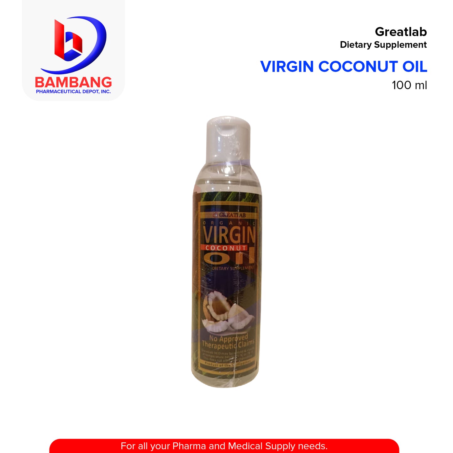 GREATLAB Organic Virgin Coconut Oil Dietary Supplement Bottle 100ml