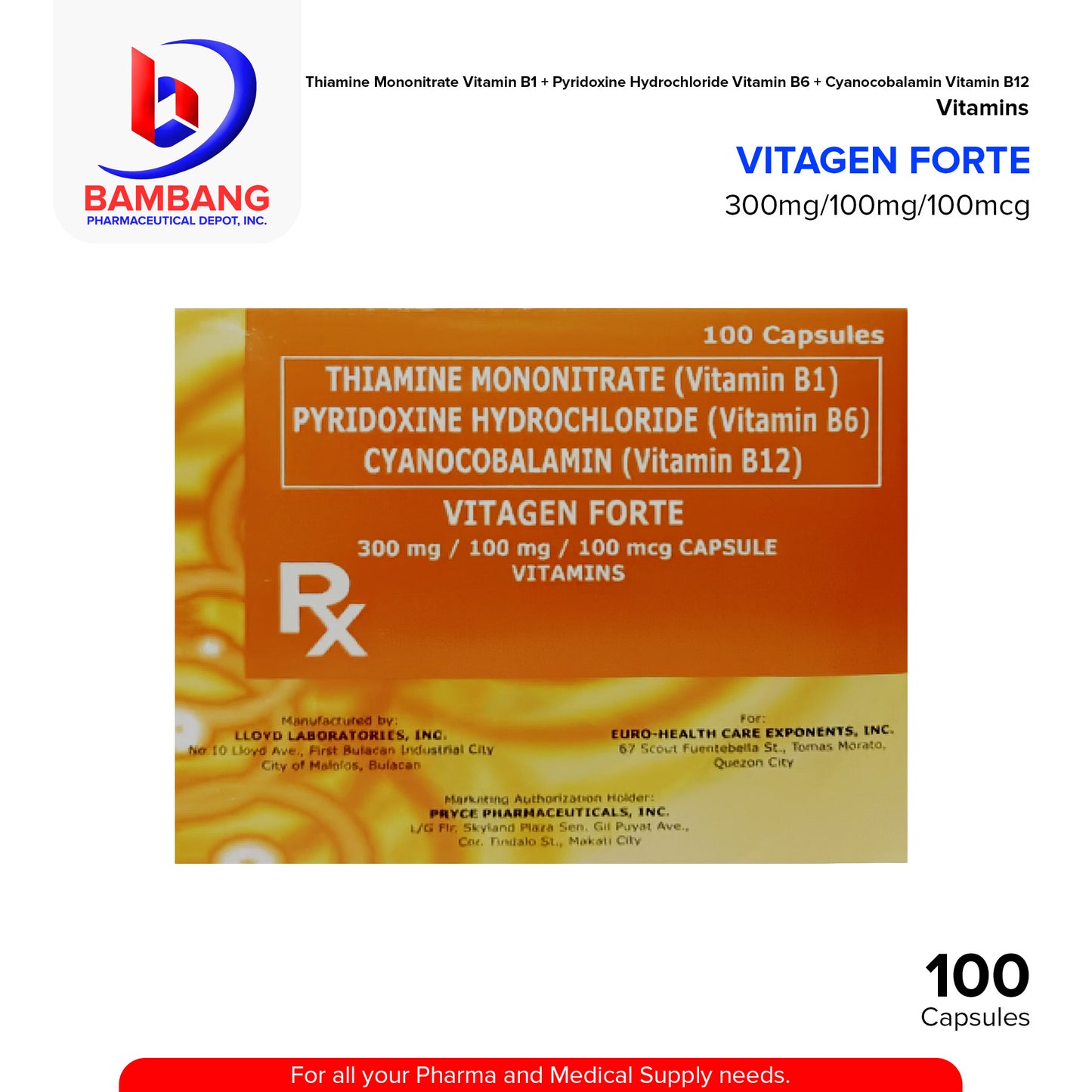 VITGEN FORTE Thiamine Mononitrate Vitamin B1 + Pyridoxine Hydrochloride Vitamin B6 + Cyanocobalamin Vitamin B12 300mg/100mg/100mcg Capsule 100's