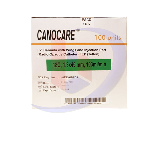 IV Cannula with Wings and Injection Port (Canocare) Radio Opaque Catheter 1.3x45mm Flowrate 90ml/min 18G 100's