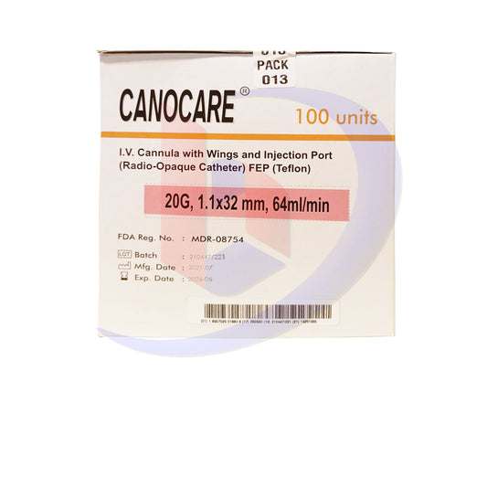 IV Cannula with Wings and Injection Port (Canocare) Radio Opaque Catheter 1.1x32mm Flowrate 60ml/min 20G 100's