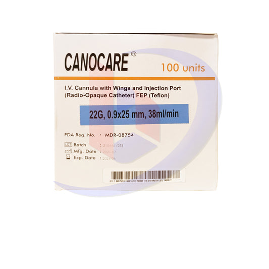 IV Cannula with Wings and Injection Port (Canocare) Radio Opaque Catheter G22