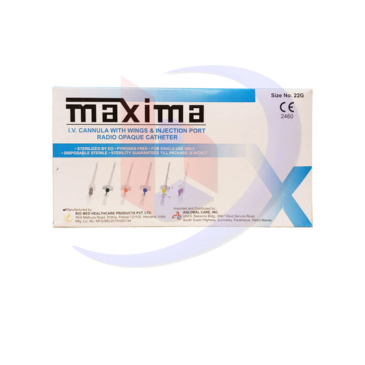 IV Cannula with Wings & Injection Port Radio Opaque Catheter (Maxima) Sterilized by EO Size No. 22G by 100's