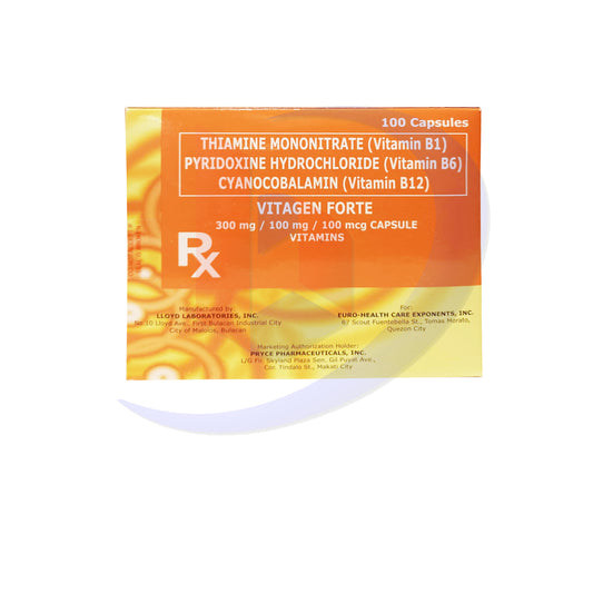 Thiamine Mononitrate Vitamin B1 + Pyridoxine Hydrochloride Vitamin B6 + Cyanocobalamin Vitamin B12 (Vitagen Forte) 300mg/100mg/100mcg Capsule 100's