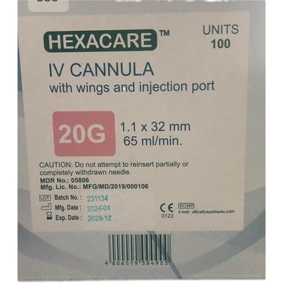 IV Cannula (Hexacare) With Wings And Injection Port 1.1 x 32mm 65ml/min 20g 100's