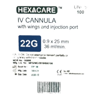 IV Cannula (Hexacare) With Wings And Injection Port 0.9 x 25mm 36ml/min 22g 100's