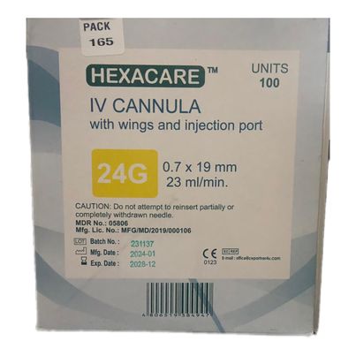 IV Cannula (Hexacare) With Wings And Injection Port 0.7 x 19mm 23ml/min 24g 100's