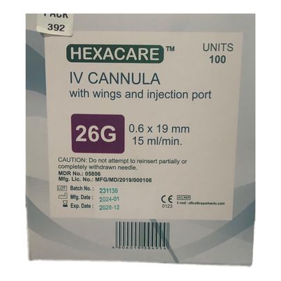 IV Cannula (Hexacare) With Wings And Injection Port 0.6 x 19mm 15ml/min 26g 100's
