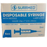 SURRMED Disposable Syringe With Needle 23g x 1 (0.6 x 25mm) 5ml 100's