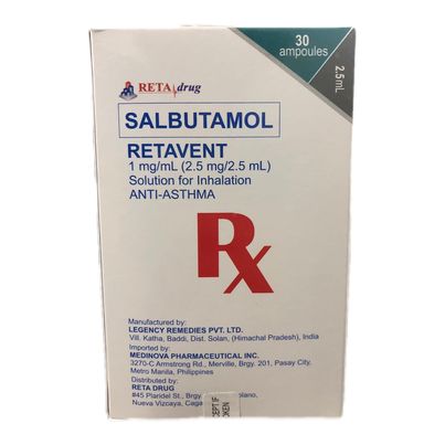 RETAVENT Salbutamol 1mg/ml (2.5mg/2.5ml) Solution For Inhalation Anti Asthma Ampoules 30's