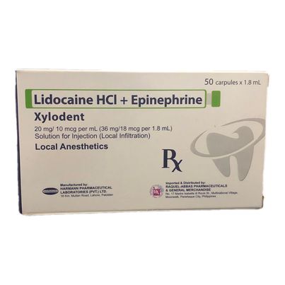 Lidocaine HCI + Epinephrine (Xylodent) 20mg/10mcg per ml (36mg/18mcg per 1.8ml) Solution for Injection 50 Carpule x 1.8ml