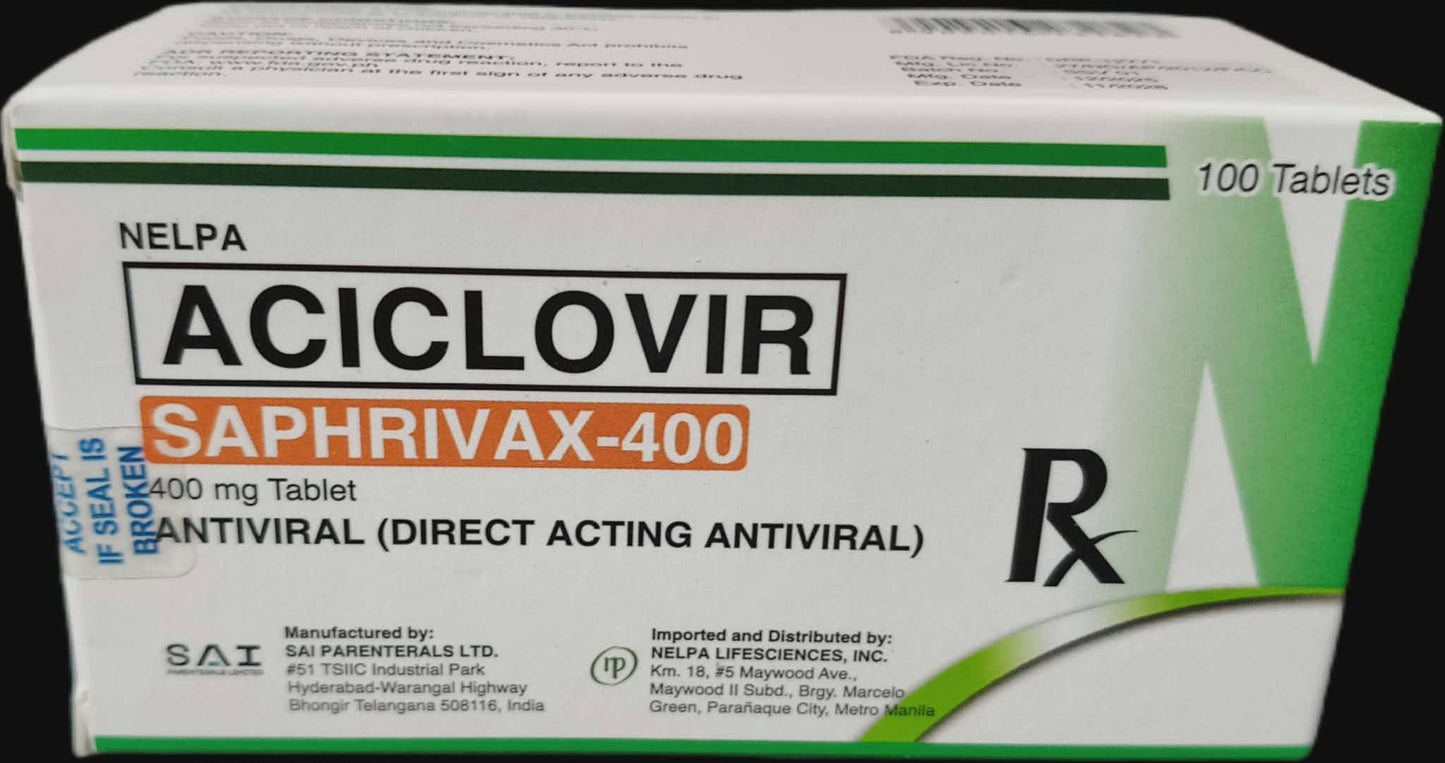 SAPHRIVAX-400 ACICLOVIR Anti Viral Direct Acting 400 mg Tablet 100's