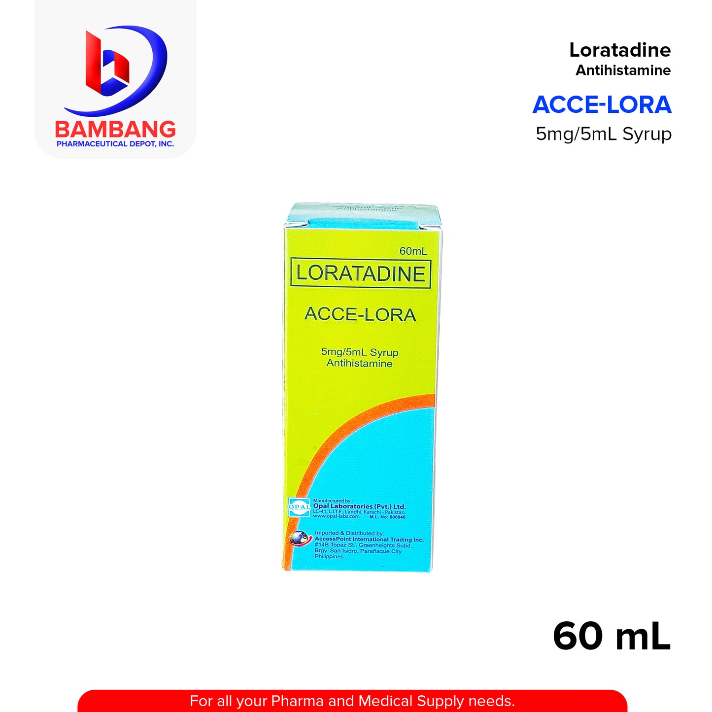 ACCE-LORA Loratadine Antihistamine 5mg/5mL 60mL