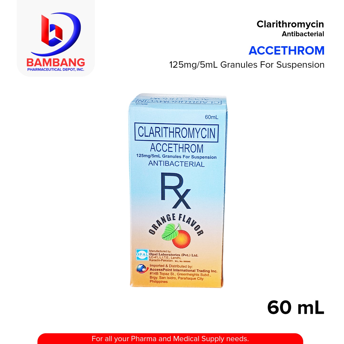 CLARITHROMYCIN Accethrom Antibacterial 125mg/5mL 60mL