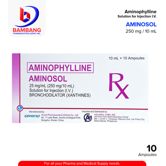 AMINOSOL Aminophylline 25 mg / mL (250mg / 10mL) Solution for Injection I.V. Bronchodilator Ampoules 10's