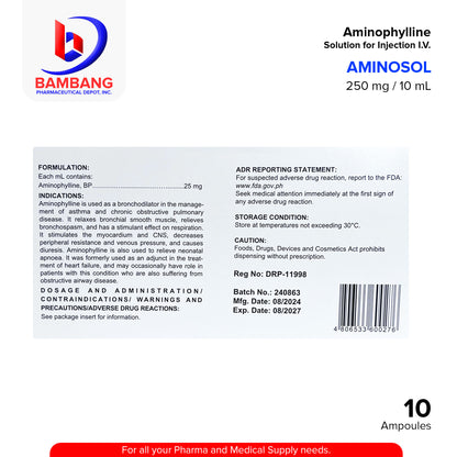 AMINOSOL Aminophylline 25 mg / mL (250mg / 10mL) Solution for Injection I.V. Bronchodilator Ampoules 10's