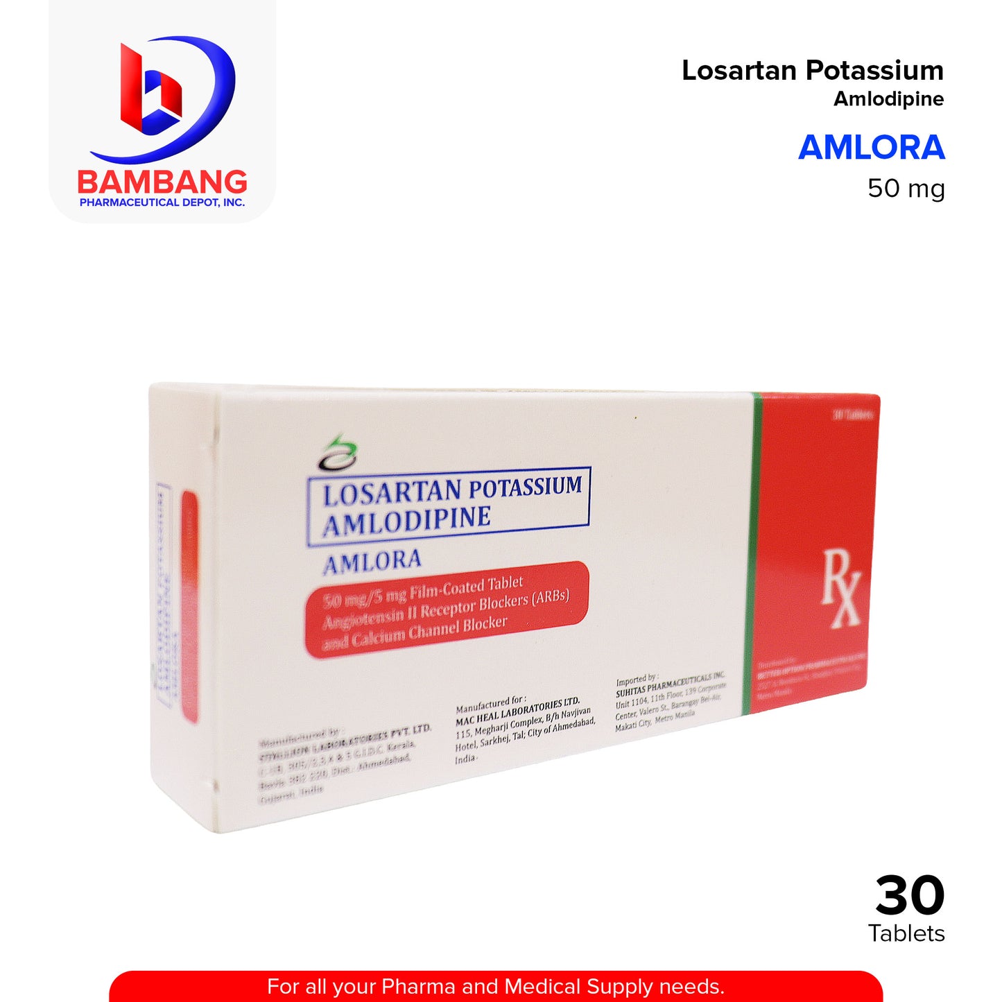 AMLORA Losartan Potassium Amlodipine 50mg 5mg Film Coated Tablet 30's