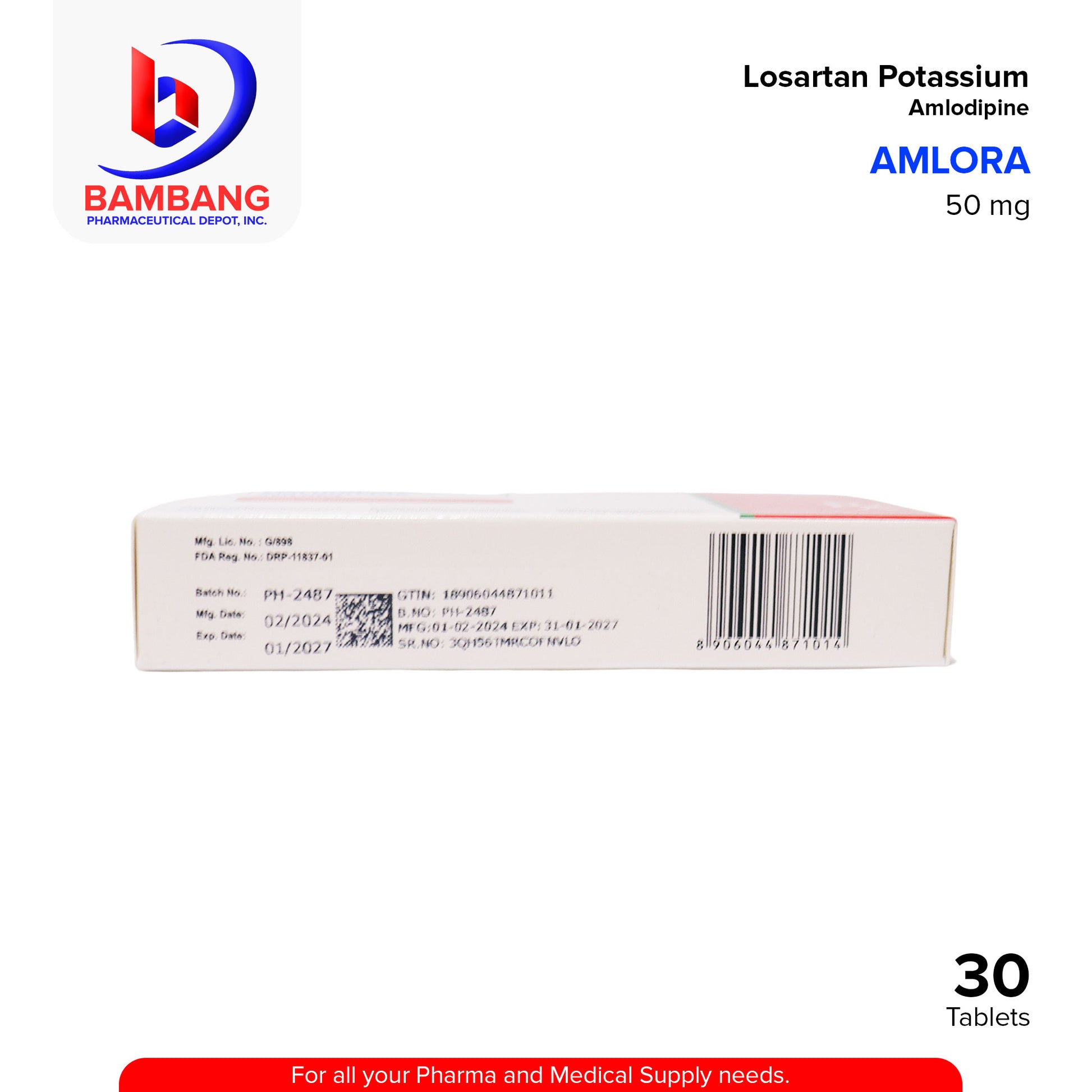 AMLORA Losartan Potassium Amlodipine 50mg 5mg Film Coated Tablet 30's