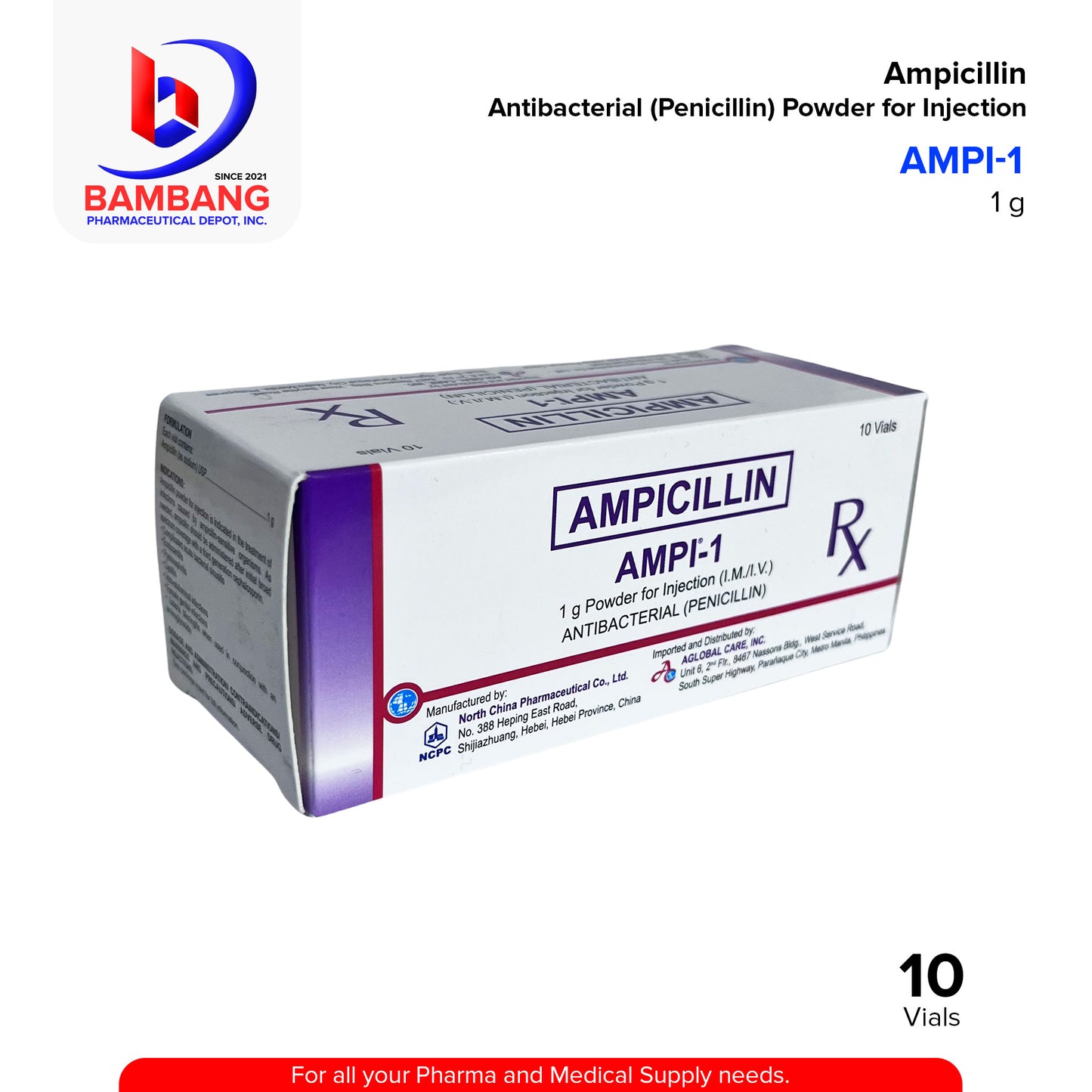AMPI-1 Ampicillin Antibacterial 1g Powder for Injection (IM/IV) Penicillin Vials 10's