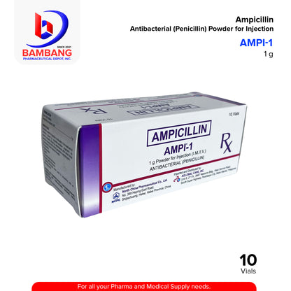 AMPI-1 Ampicillin Antibacterial 1g Powder for Injection (IM/IV) Penicillin Vials 10's
